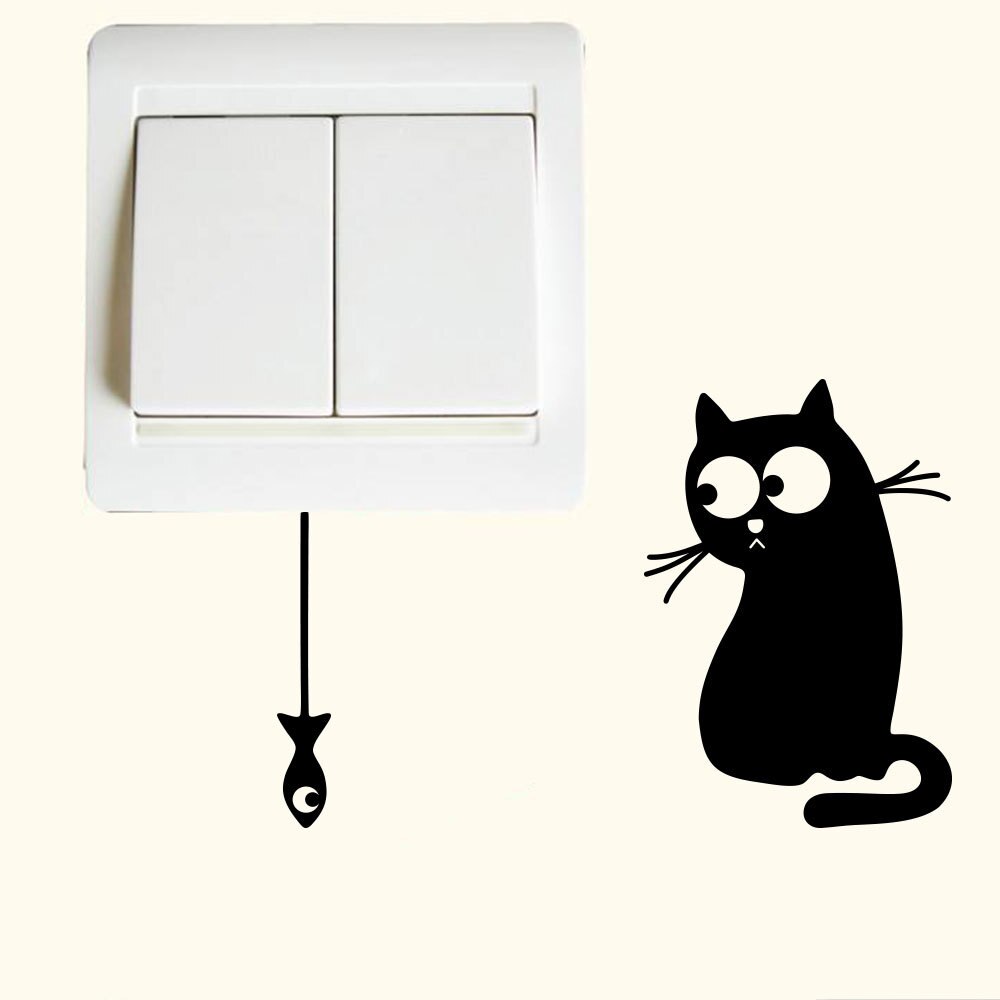 Funny Hungry Cat See The Fish Switch Phone Wall Stickers For Kids Rooms Diy Home Decoration Cartoon Animals Wall Decals#0616