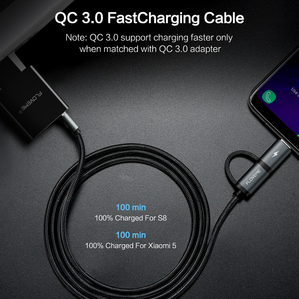 FLOVEME QC3.0 2.8A Micro USB Cable Fast Charger Charging USB Type C Cable 2in1 Type-C Cable for Samsung Xiaomi Oneplus Huawei P9