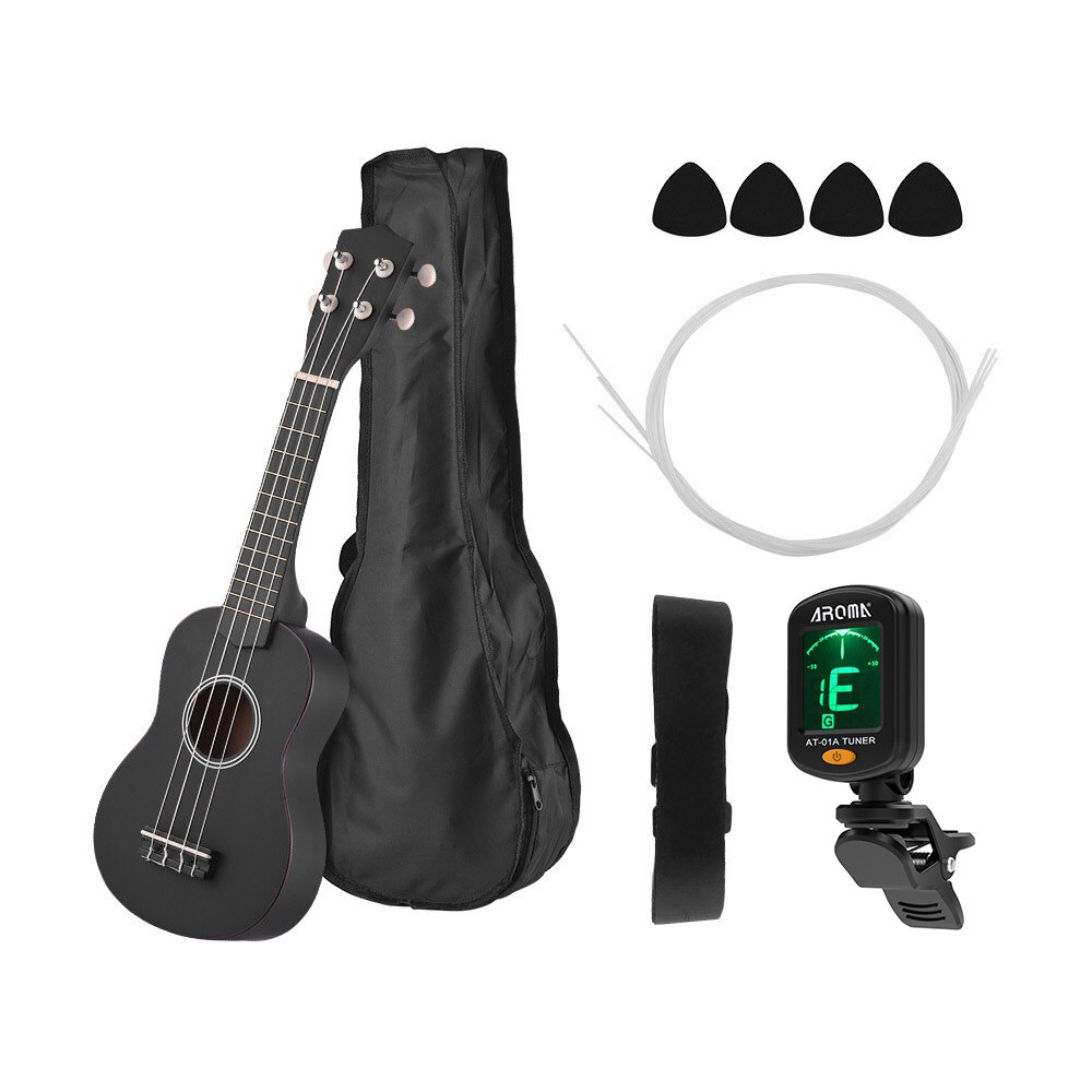 Muslady 21 Inch Soprano Ukulele Mahogany Wood with Carry Bag Strap Strings Tuner Cleaning Cloth Guitar Musical Instruments: black