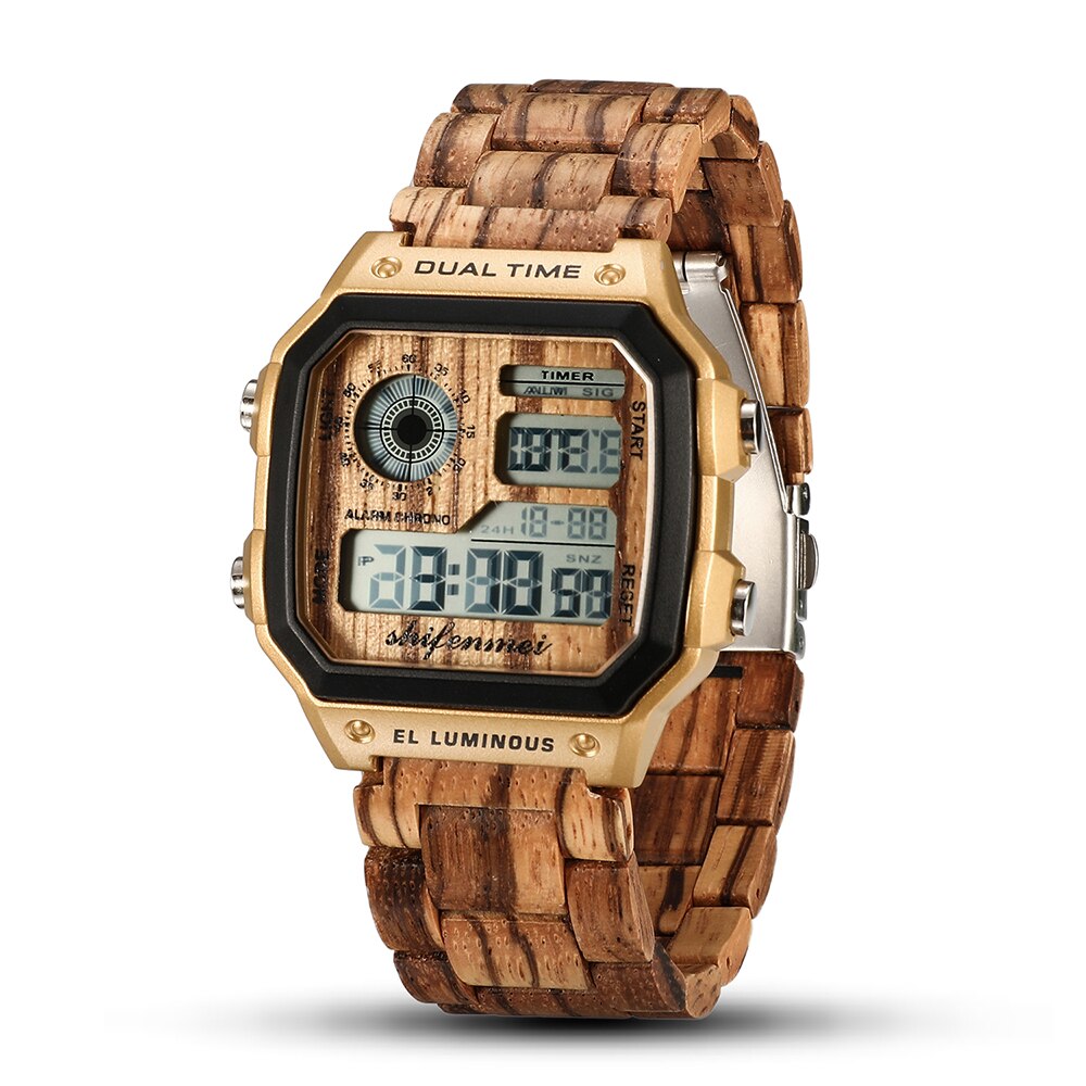 Luxe Heren Horloges Digitale Rechthoek Case Elektronische Lichtgevende Hand Klok Klassieke Houten Legering Business Horloge Voor Man