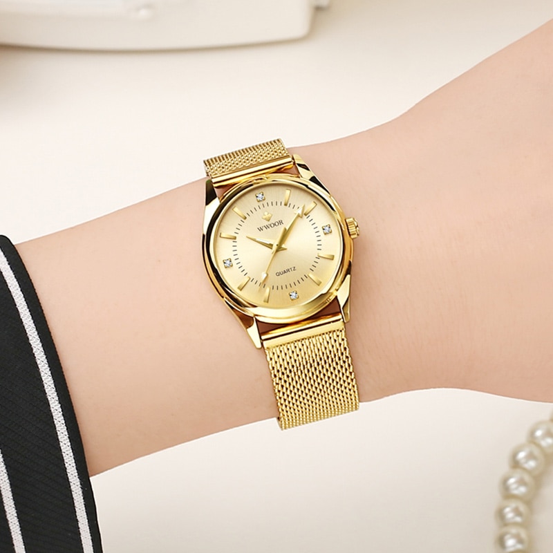 Zegarek Damski Vrouwen Horloges Wwoor Top Luxe Gold Quartz Klok Dames Golden Mesh Elegante Armband Horloge Vrouwen Relogio Feminino