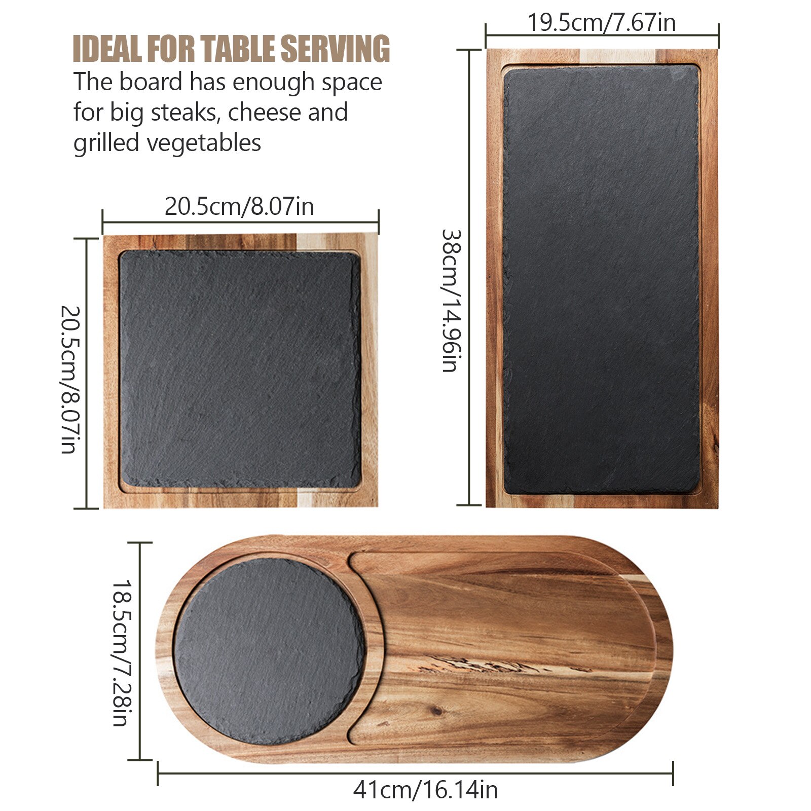 Steak Wood Serving Board with Slate Stone, Acacia Cutting Plate with Handle for BBQ and Grill,Serving Tray with groove