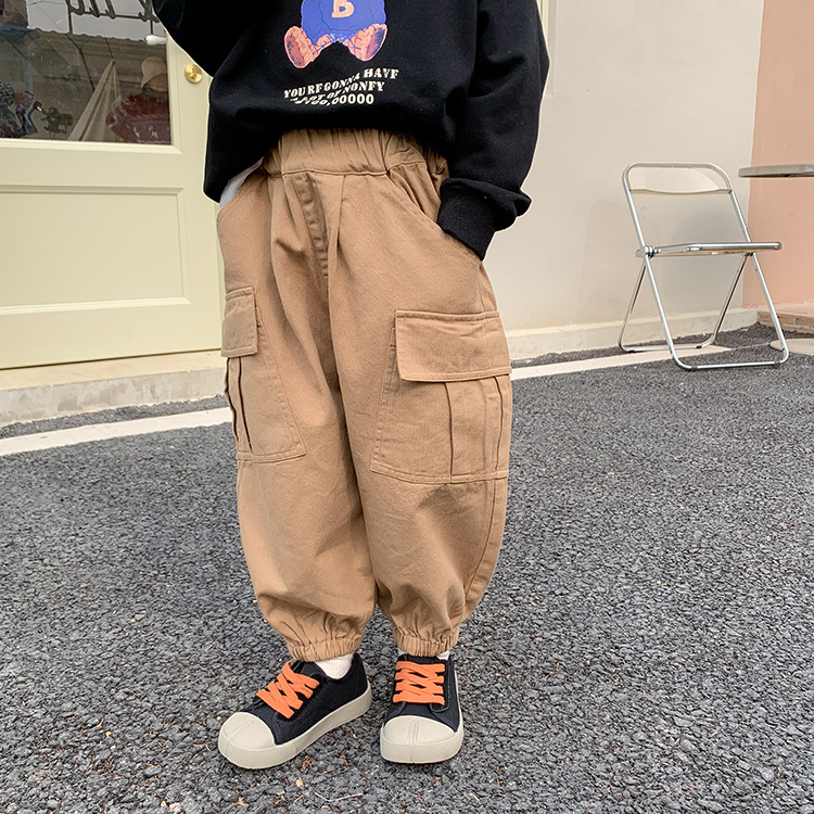 Boys cotton 3 colors side pocket cargo pants Kids all-match loose casual trousers