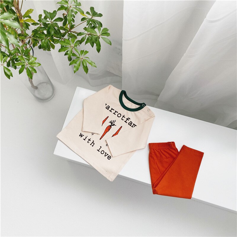 Ins Newborn Sleep Set Long Sleeve Baby Clothes Korean Autumn Carrot Letter Baby Boys Girls Pyjama Toddler Nightgown Suit