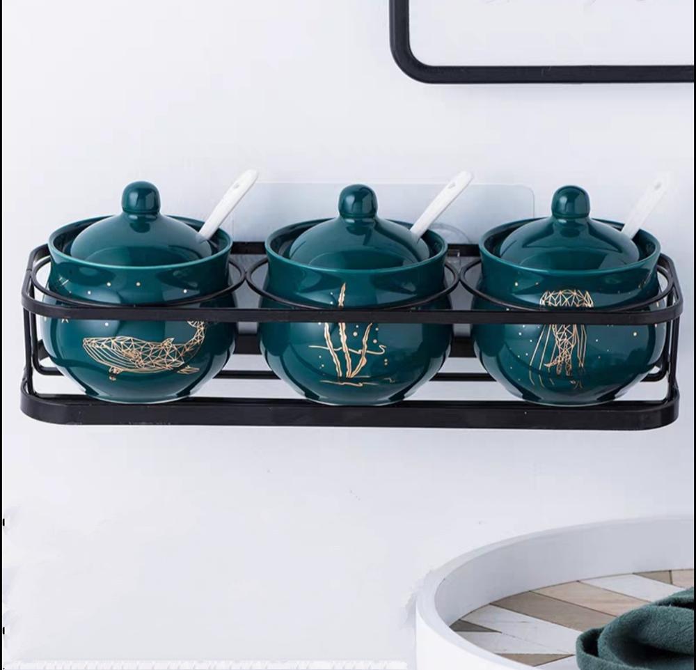 Creatieve Nordic Stijl Licht Luxe Emerald Keramische Suiker Blikken Zout MSG Pot Kruiden Pot Kruiden Doos Vier stuk Huishoudelijke set: Hanged Type B