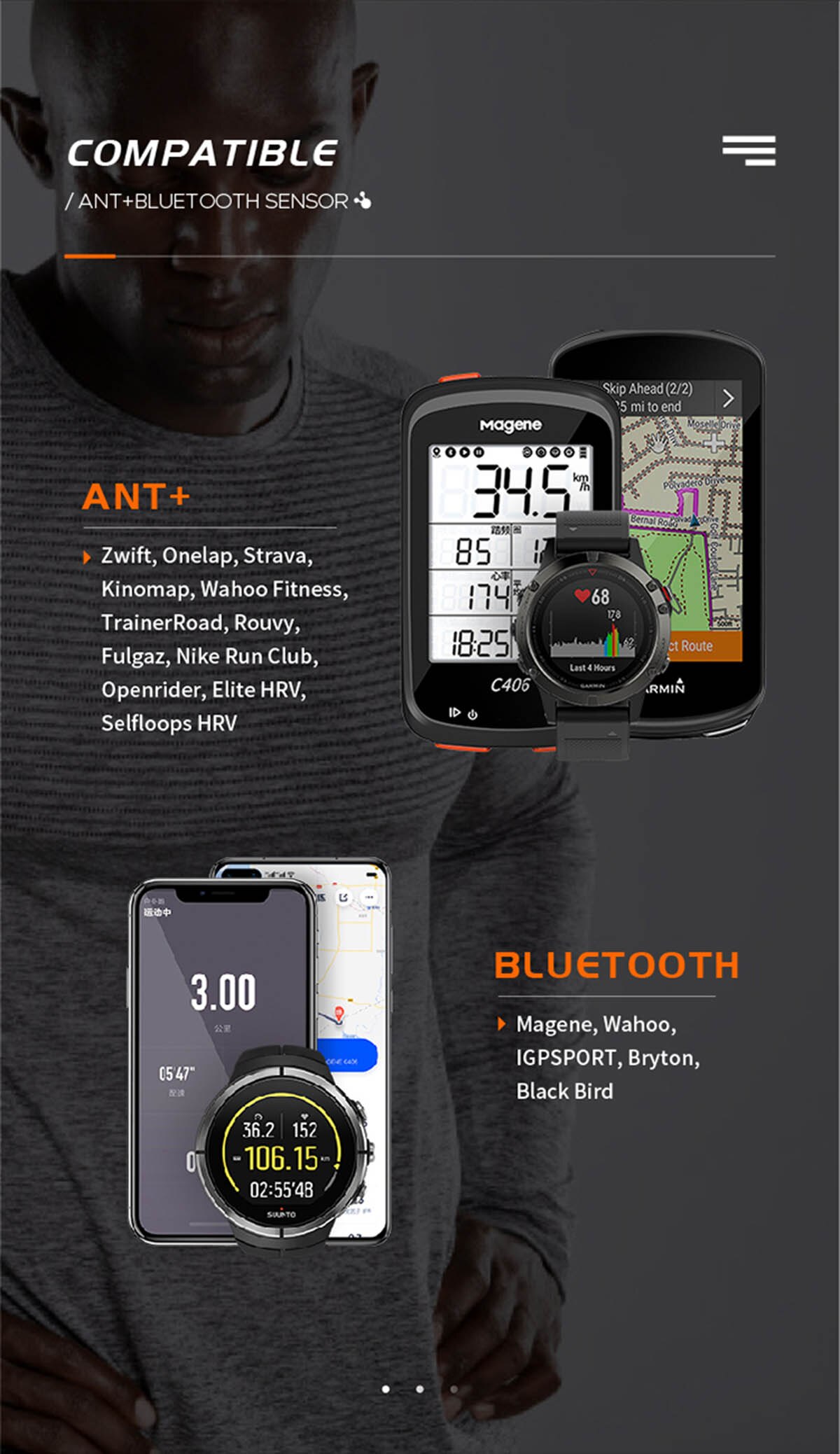 Pulsmåler bluetooth ant+ pulsmåler  h64 opdateret  h03 support cykelcomputer garmin bryton sports fitness tilbehør