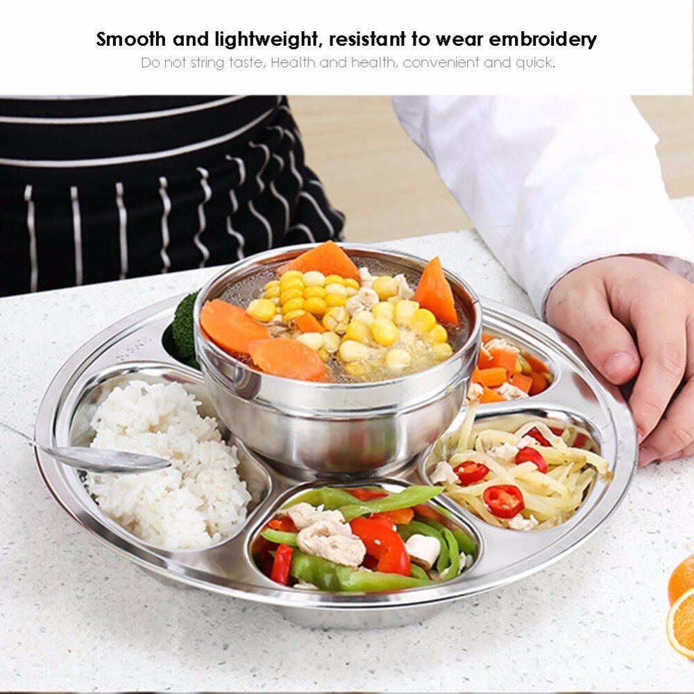 3 4 5 6 Sections Stainless Steel Divided Dinner Plate Dish Round Students Grid Lunch Tray School University Canteen Supplies