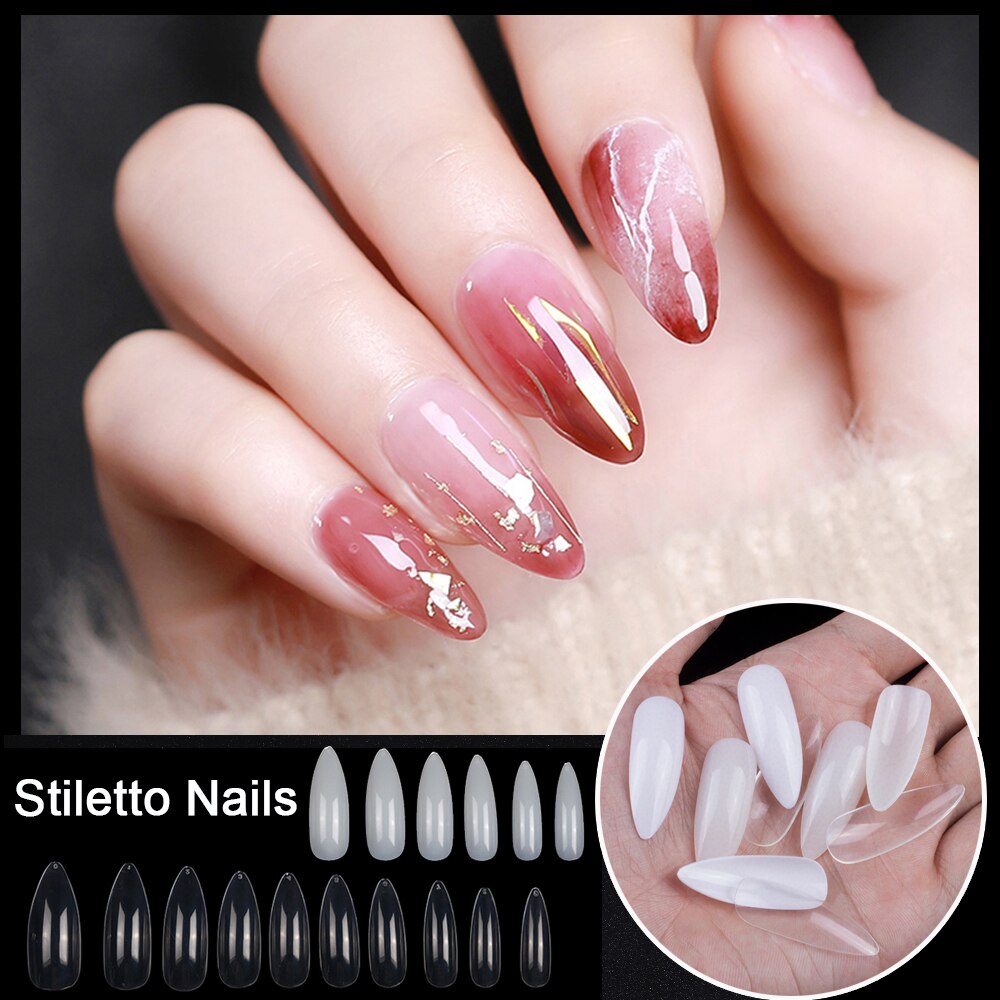 100pcs/set Long Clear Almond Nail Tips Acrylic Stiletto False Nails Full Cover False Nails Artificial Press on Nails for Women