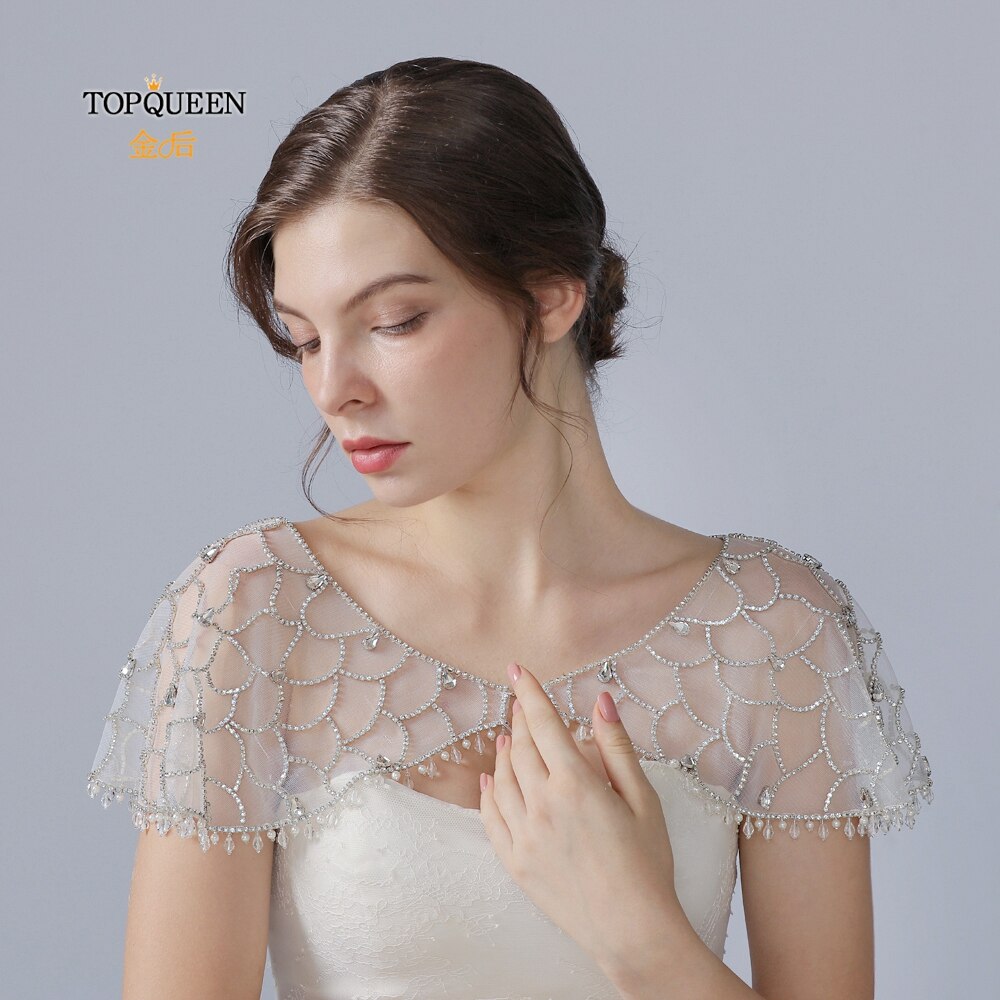 TOPQUEEN G10 Crystal Bling Beaded Bridal Wraps Beading Lace Wedding Shawl Jacket Bolero Wrap Bride Coat Cape Boleros Party Shrug: G14