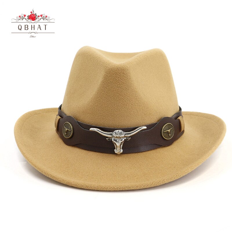 QBHAT-Sombrero de vaquero occidental de lana para hombre y mujer, gorro de Jazz de fieltro de ala ancha, decoración de Cabeza de Vaca, sombreros de Panamá para carnaval