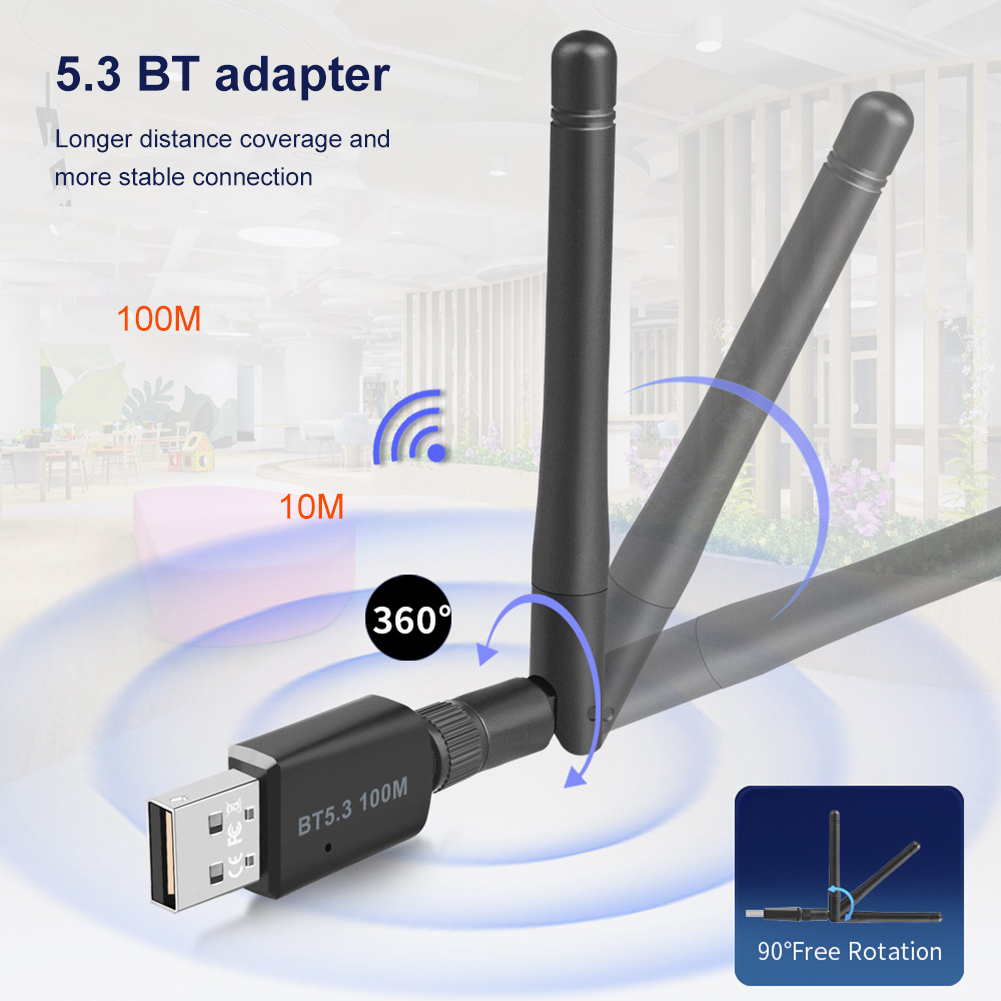100M Bluetooth 5.3 Adapter Free Driver USB Bluetooth Dongle Adaptador for PC Windows 11/10 Mouse Keyboard Audio Receiver