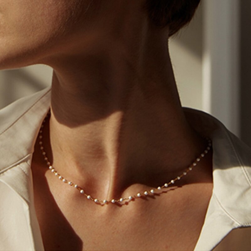 Simple Pearl Beads Chain Choker Necklace Bohemian Statement Clavicle Necklace for Women Collar Pearl Jewelry