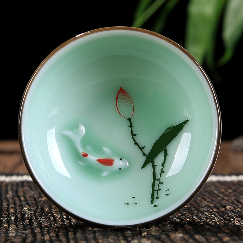 Juego de té chino de Kung Fu Celadon, tazas de té redondas planas de loto Pu'er pintadas a mano, tazas de té de loto de cerámica de carpa individual, 60ml,: 4