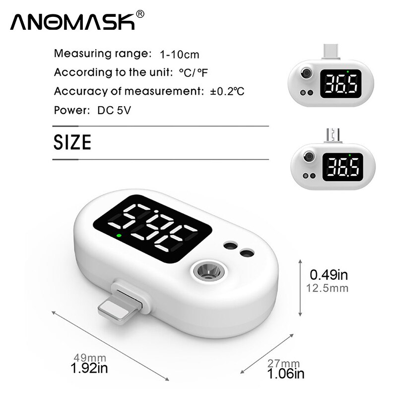 Termómetro inteligente USB con pantalla LED, Mini termómetro infrarrojo sin contacto con teléfono móvil, con junta tipo C para teléfonos