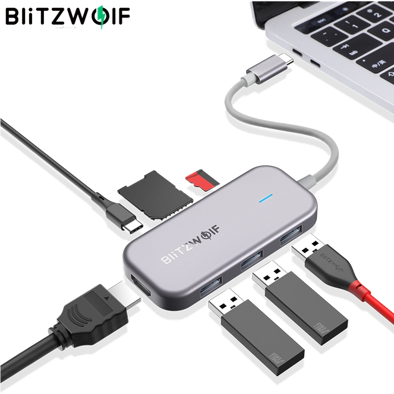 BlitzWolf BW-TH5 7 in 1 USB C Data Hub 3-Port USB 3.0 TF Card Reader PD Charging 4K HDMI Display for MacBooks for iPad Laptop