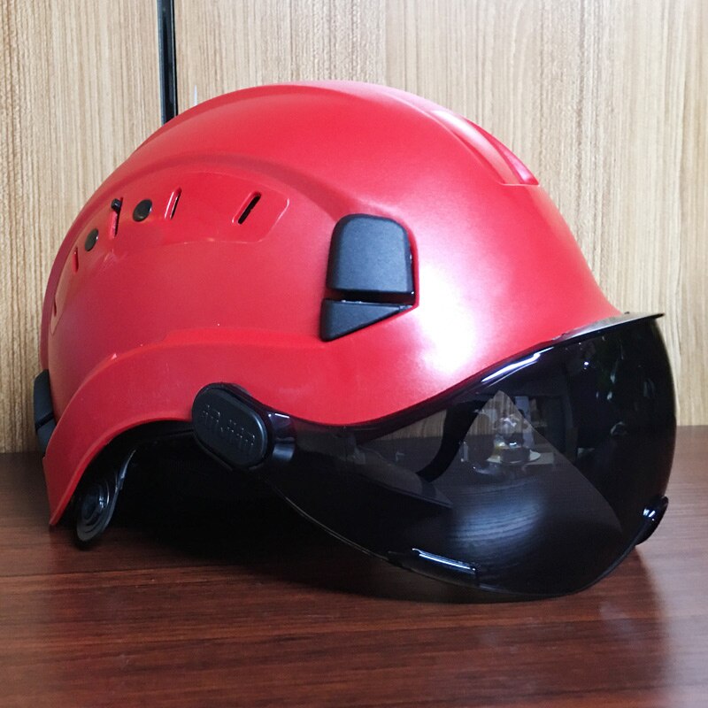 Sikkerhedshjelm med mørke beskyttelsesbriller udendørs klatring ridning beskyttelseshjelme arbejder redning hard hat abs arbejdshætte: Rød mørk linse