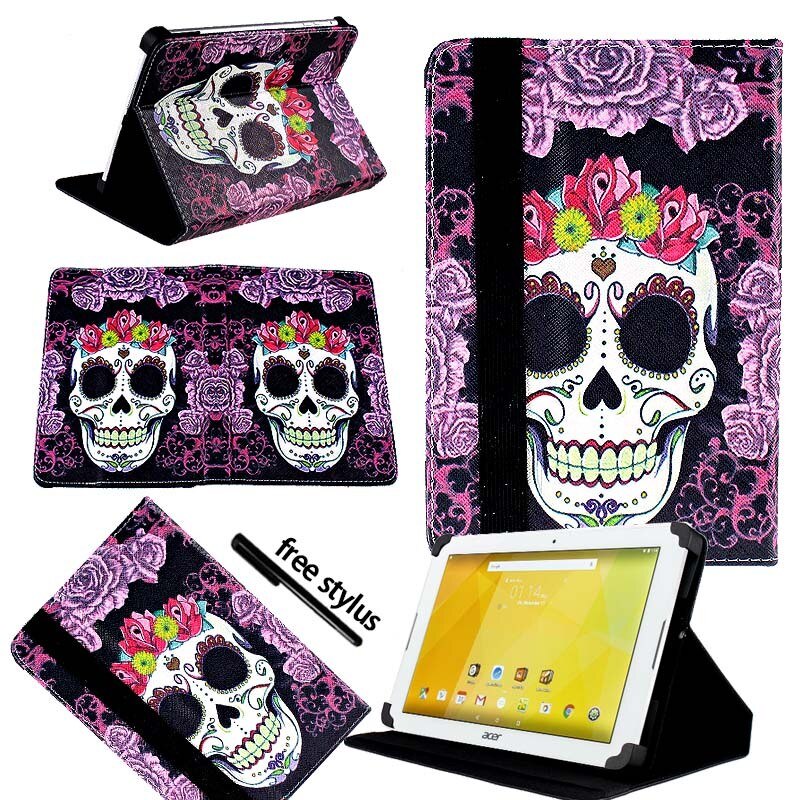 KK & LL Per Acer Iconia One 10 B3-10 B3-A20 A30 A40 A40FHD A50 A50FHD-Supporti Tablet Folio Copertura di Cuoio caso + Libera dello stilo: Purple Skull