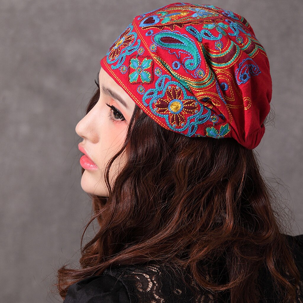 Huis &amp; Nest Mode Vrouwen Mexicaanse Stijl Etnische Vintage Borduurwerk Bloemen Bandana Rode Print Hoed Outdoor Caps Vrouwen Hoeden