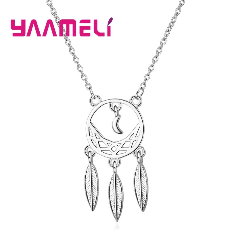 Moon Leaves Pendant 925 Sterling Silver Necklace 18" Chain For Woman Girls Banquet Accessories