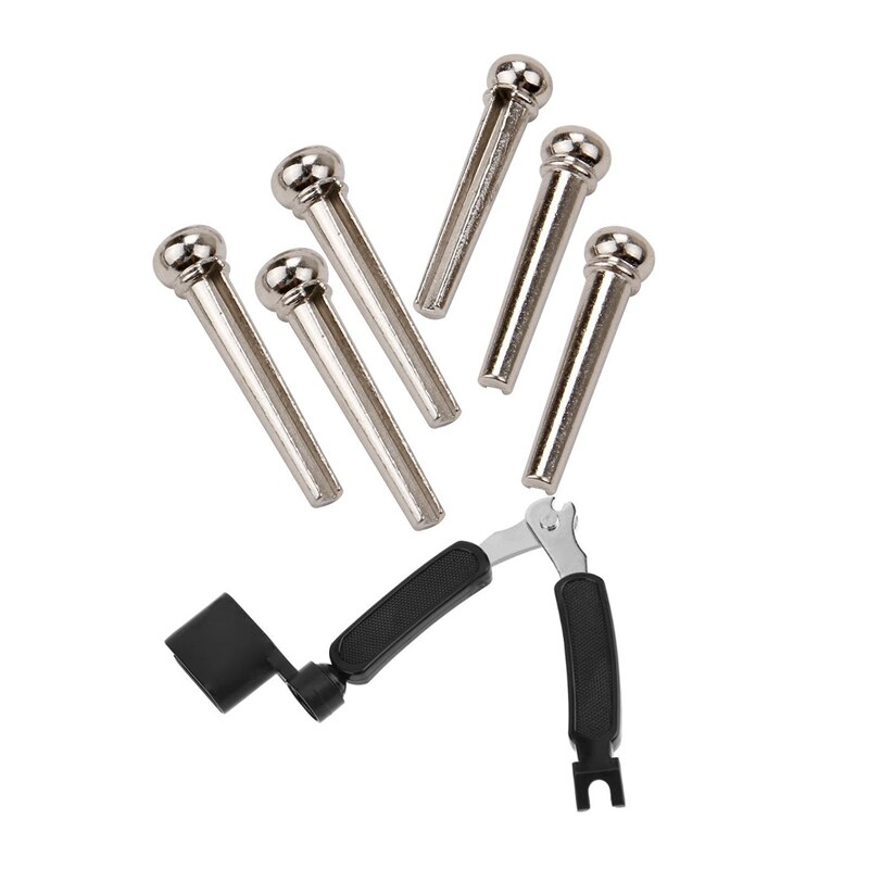 6x akustisk gitar brostrengspikerpinner og 1x 3 i 1 gitarpinnestrengstrekker + strengpinnetrekker + strengkutter