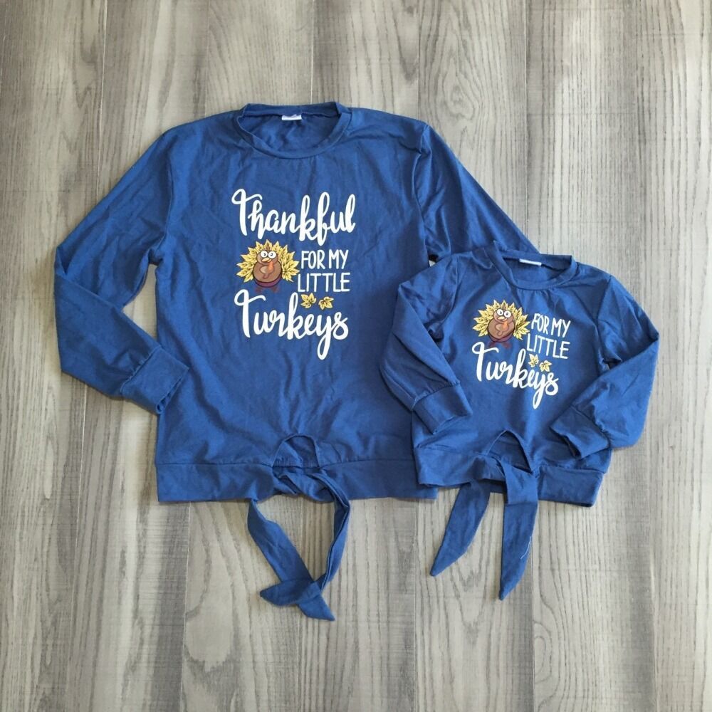 Girlymax moeder dochter kleding meisjes thanksgiving blauwe raglan meisje dankbare kalkoen raglan moeder en dochter top