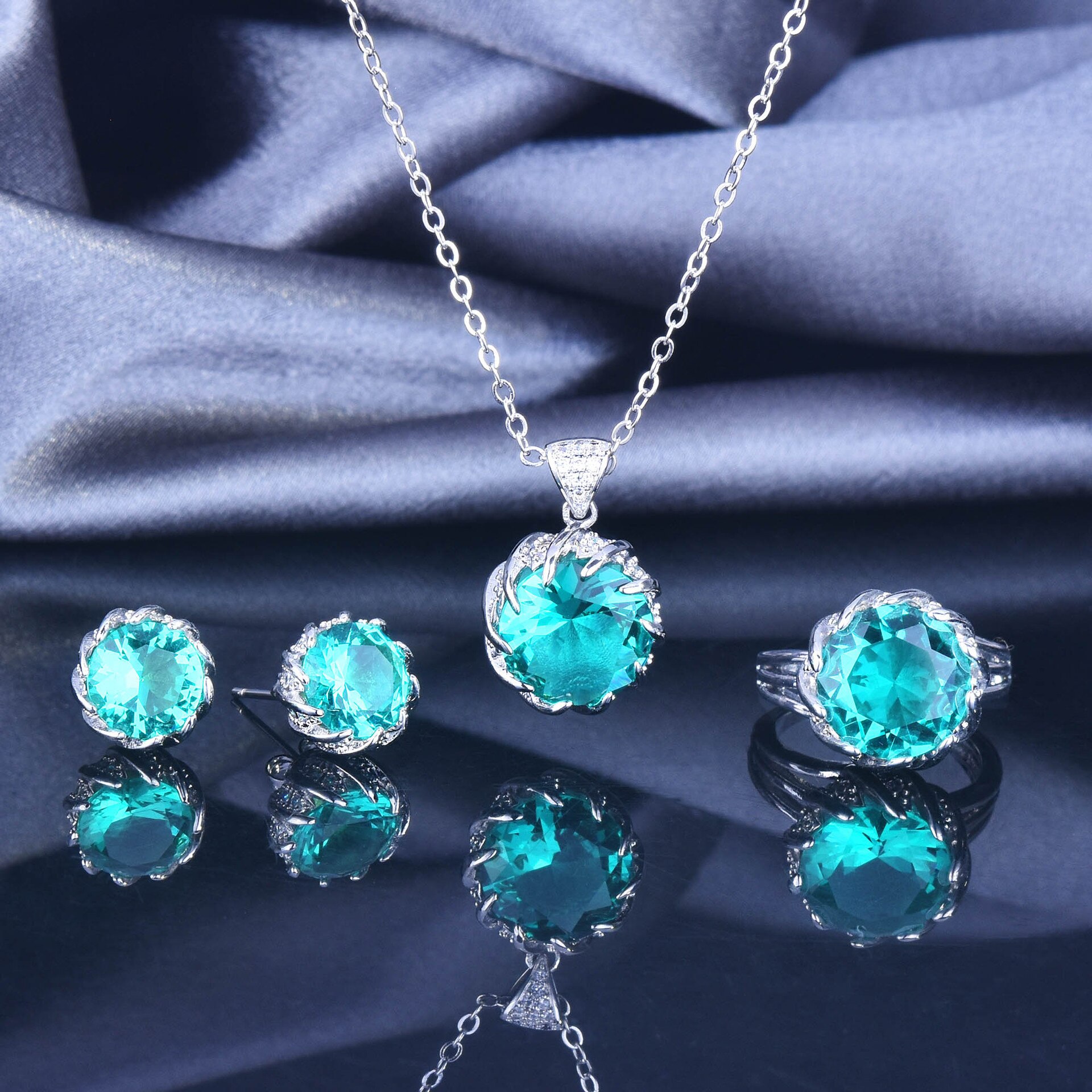 QTT Einfache Jahrgang Paraiba Turmalin Stein Silber Farbe Schmuck einstellen Offenen Ring Halskette Ohrring für Frauen Hochzeit Engagment: Paraiba 1 einstellen