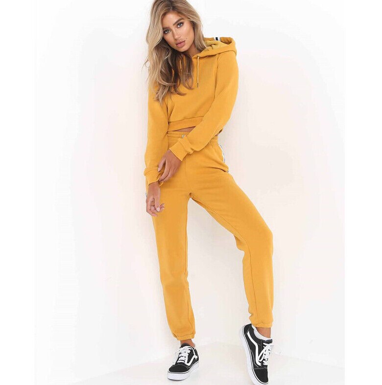 Women 2Pcs Tracksuit Hooded Sweatshirt+Elastic Waist Pants Casual Sets Wear Long Sleeves Suits Clothes Outfits: Yellow / L