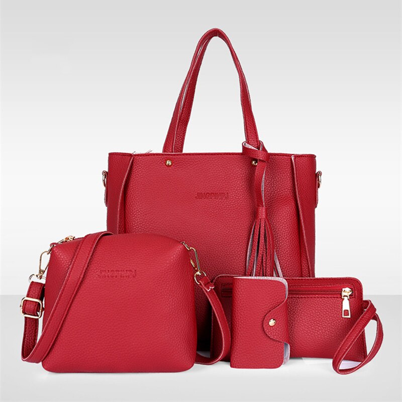 4 stk kvinder sæt top-håndtag kortholder stor kapacitet kvinder kvast håndtaske skuldertaske tegnebog damer pu læder crossbody taske: Rød