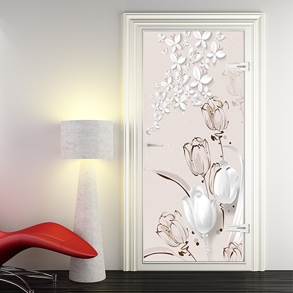 3D Door Sticker Wallpaper Home Decor Floral Mural Wall Decals Kitchen Bedroom Self Adhesive Flower Door Poster Pegatina puerta: Light Yellow / 90x200cm(cut 2 pcs)