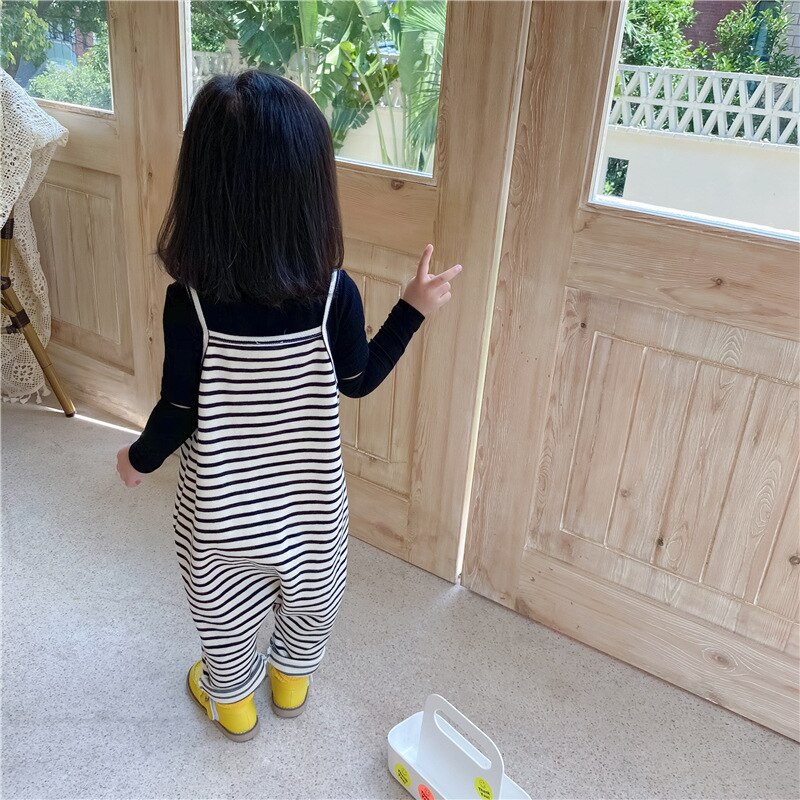 1-7Y Spring Autumn Infant Baby Girls Boys Overalls Pants White Black Striped Printed Sleeveless Pocket Jumpsuits Outfits