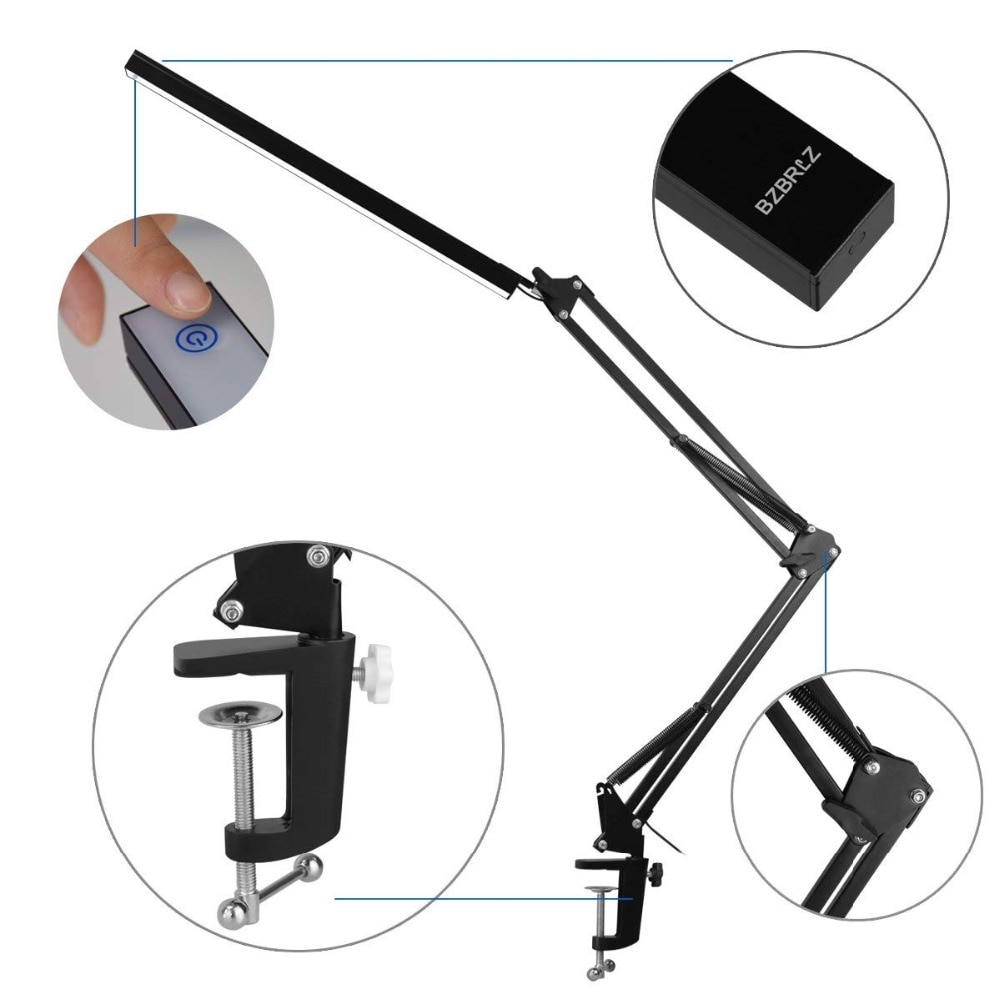 Dimmable Swing Arm Clamp Mount Lamp Desk Lamp 3 Brightness Dimming Table Desk Light ,Black