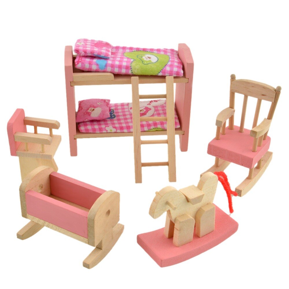 Pink Bathroom Furniture Bunk Bed House Furniture for Dolls Wood Miniature Furniture Wooden Toys for Children Birthday Xmas