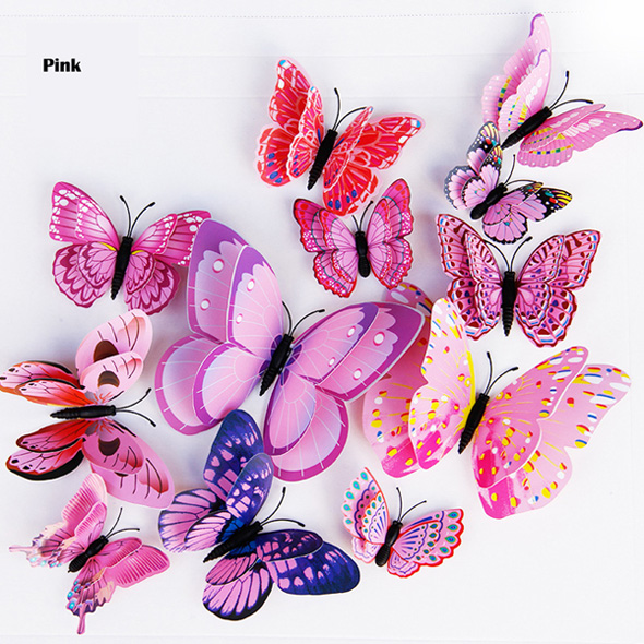12Pcs Dubbele Laag 3D Vlinder Muur Sticker Op De Muur Home Decor Vlinders Voor Decoratie Magneet Koelkast Stickers: Pink