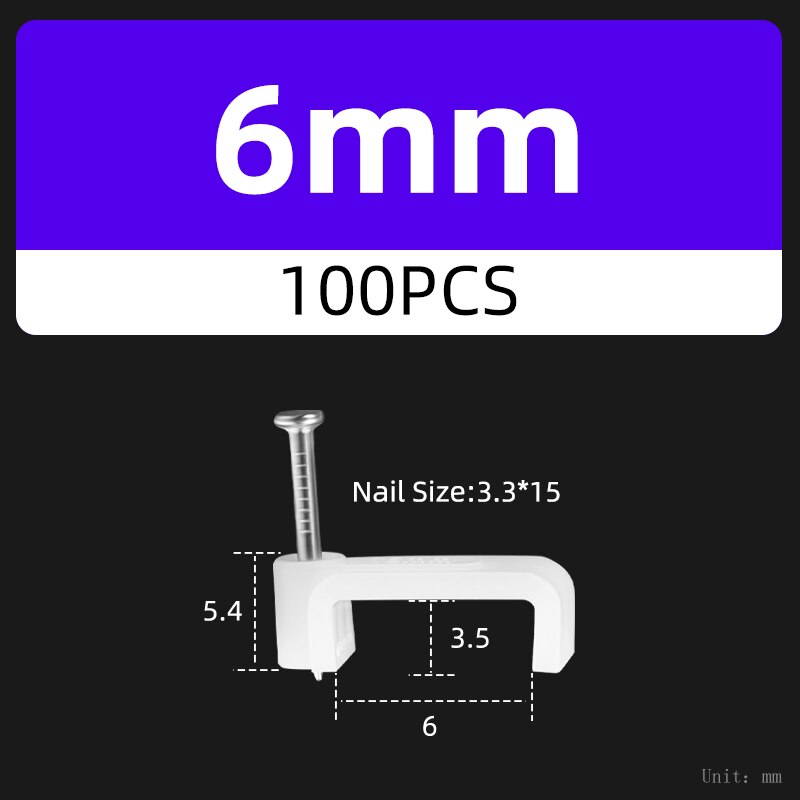 100Pcs Vierkante Draad Kabel Clip Houder Nail Telefoon Netwerk Muur Vaste Lijn Management Plastic Kaart 4/5/6/7/8/10/12/14Mm: WHITE