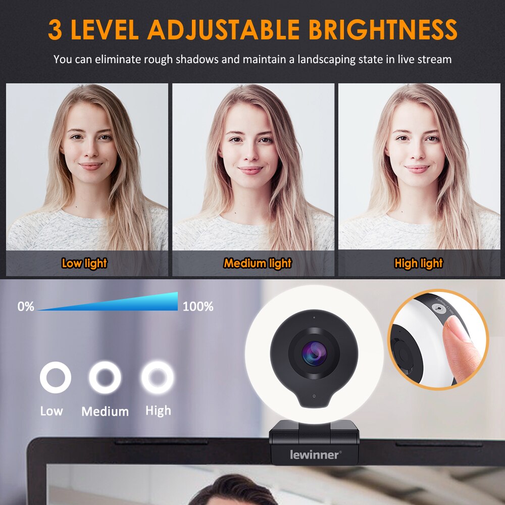 Lewinner 2K Webcam mit Ring Licht & Stativ & Mikrofon, USB Auto Fokus für PC Video Konferenz/Anruf/Lehre/Spielen