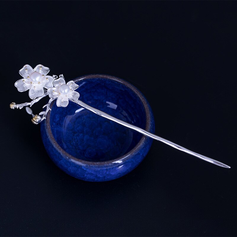 925 Sterling Silver Hair Sticks for Women Sakura Flower Chain Tassels Japanese Hair Stick Pearl Vintage Bridal Hair Accessories