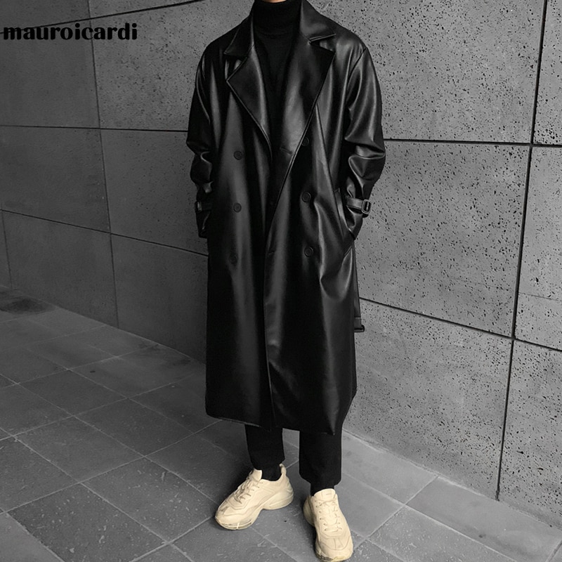 Mauroicardi Spring Long Black Oversized Leather Trench Coat Men 2022 Shoulder Long Sleeve Belt Faux Leather Coats for Men