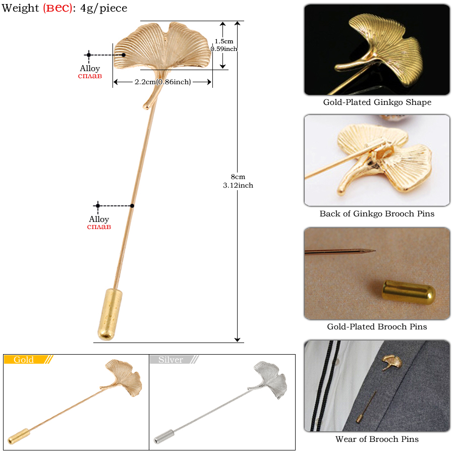 Broches simples de hojas de Ginkgo para mujer, accesorios, decoración de traje, broche de planta, insignia para hombre, alfileres largos de solapa, de amistad de
