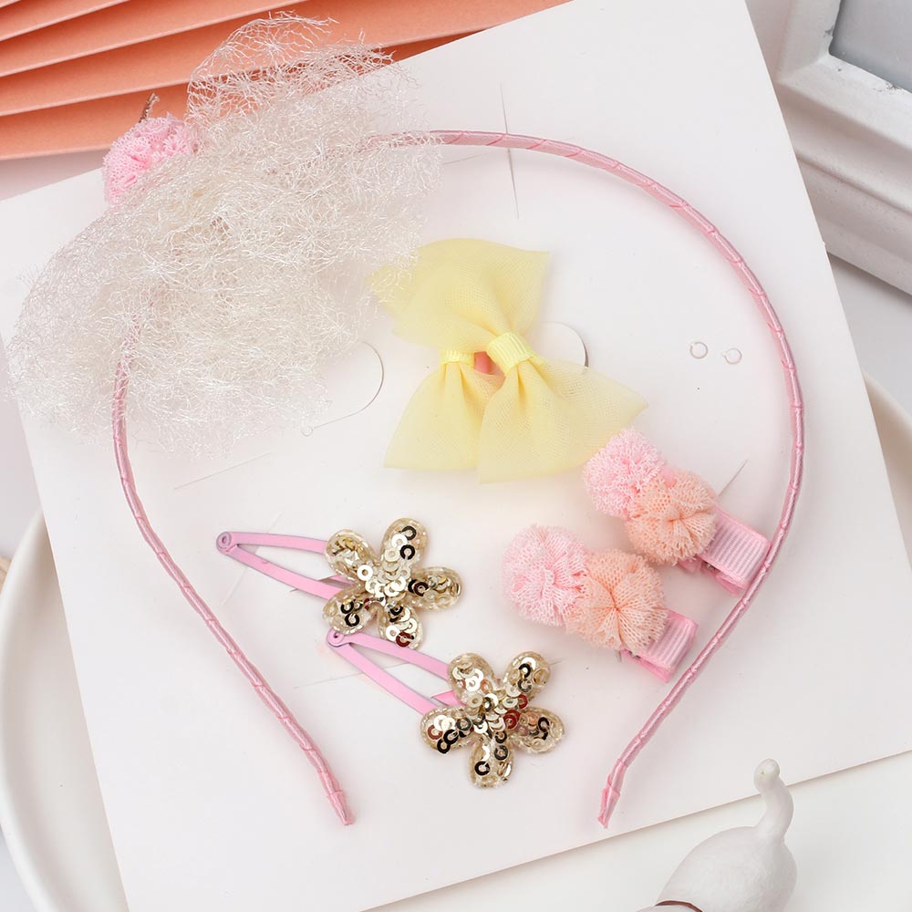7 PCS/Set Hair Hoop Crown Flower Hair Tie Yarn Ball Hairclip Pentagram Butterfly Hairpin for Kids Headwear Barrettes Set: 2
