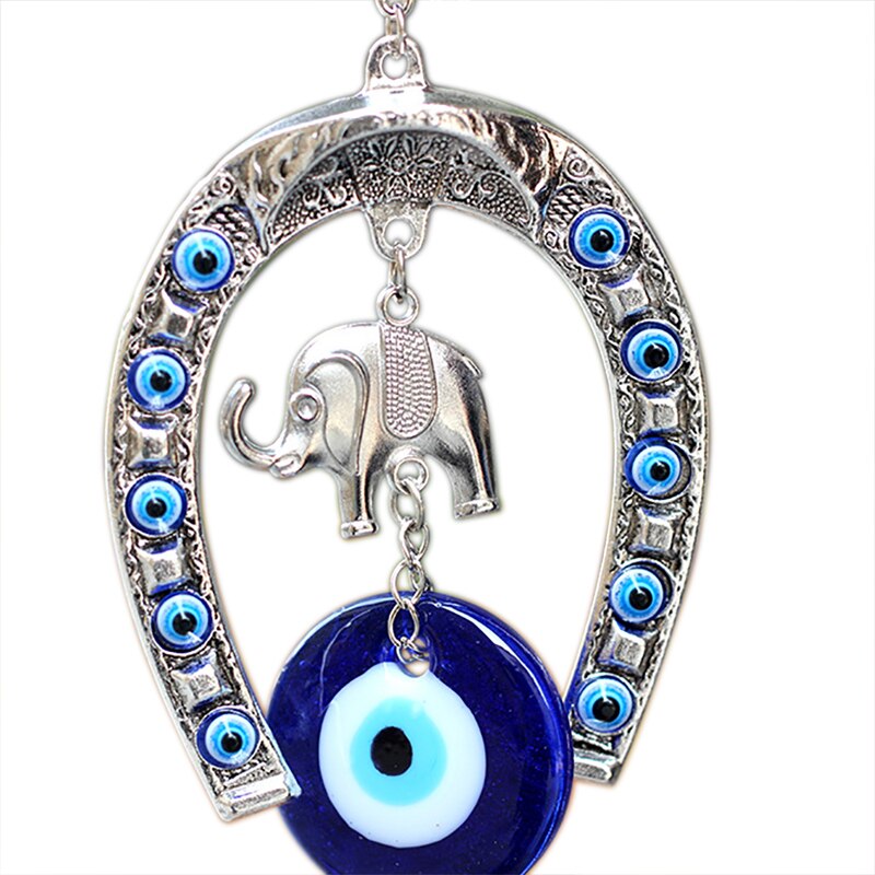 Herradura de ojo de caballo azul turco de 13x6,5 cm, amuleto colgante de pared con elefante y cinta, colgantes étnicos de la suerte, decoraciones para el hogar