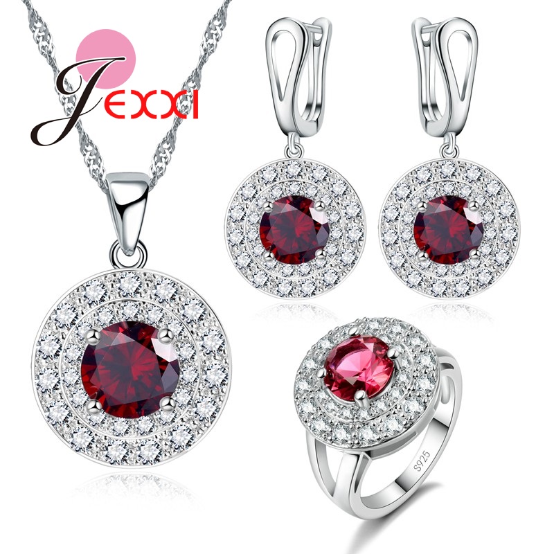 3PCS Schmuck-Set Echt 925 Sterling Silber mit Rot Cubic Zirkon Kristall Halskette/Ohrringe/Ring Hochzeit Engagement schmuck