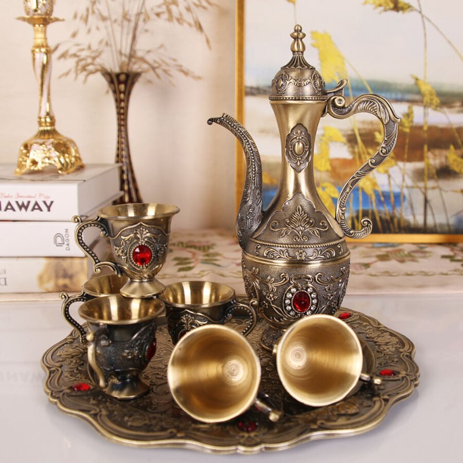 Juego de vajilla de 8 piezas, 1 x tetera, 6 x taza, 1 x bandeja de té, Retro Vintage estilo europeo, adorno de armario, juego de tazas de café árabe de cocina