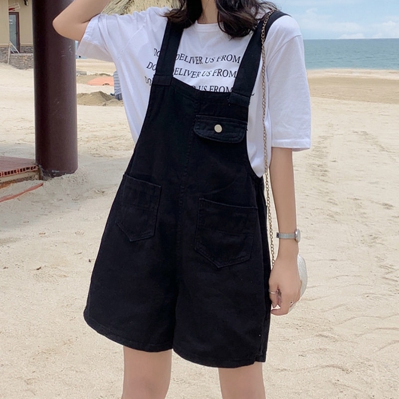 Kvinders plus size denim overalls sort høj talje all-match college stil veninder lomme justerbare overalls