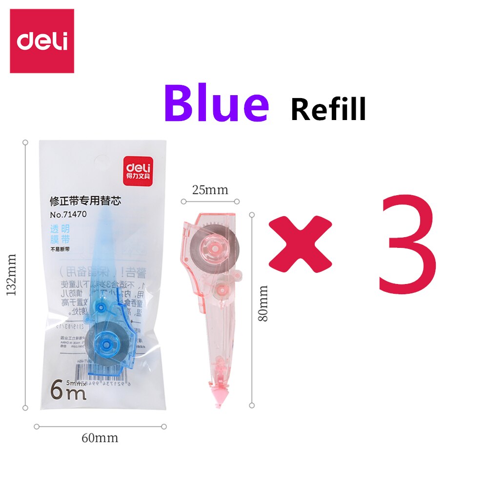 Deli Correction Tape Corrector Papeleria Replaceable Stationery Office School Stationery Supplies 71461: Blue Refill - 3PCS