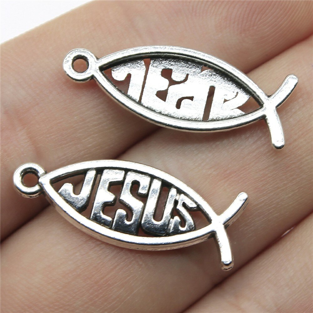 20 st jesus fisk berlocker antika silver färg jesus fisk berlocker hängen för armband kristna fisk berlocker gör smycken: B10131-27 x 10mm