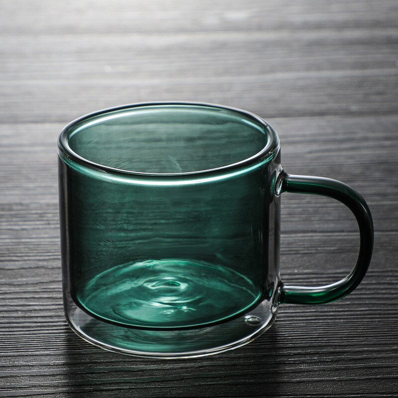 260Ml Double-Layer Glass Insulated Beer Mug Amber Color Coffee Cup Round Juice Cool Drinks Cup wine Glass: Green liner