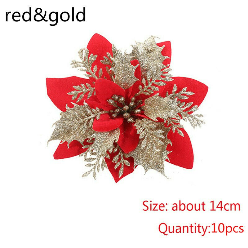 BalleenShiny Christmas Tree Decoration Flower 10pcs Christmas Flower Artificial Flower Perfect Decoration for Christmas Party: Red gold