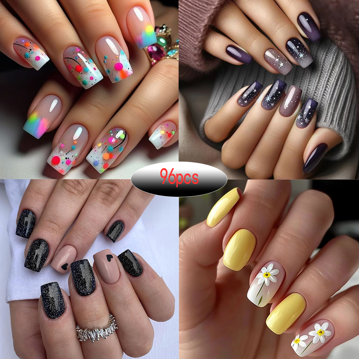 4 ensembles/96 pièces à pression carrée sur les ongles: points dégradés/floral/multicolore. Longueur moyenne brillante avec fichiers et gels. Fête et quotidienne. Détachable: MULTI