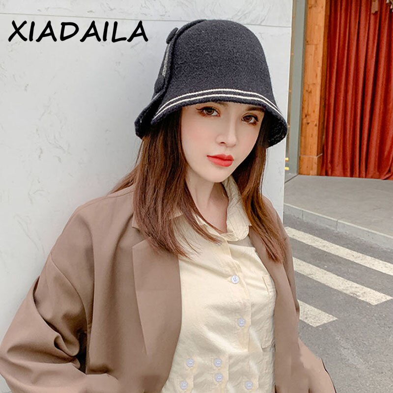 Chapéu de pescador feminino outono e inverno all-match bonito botão design moda aba larga bacia chapéu balde chapéu