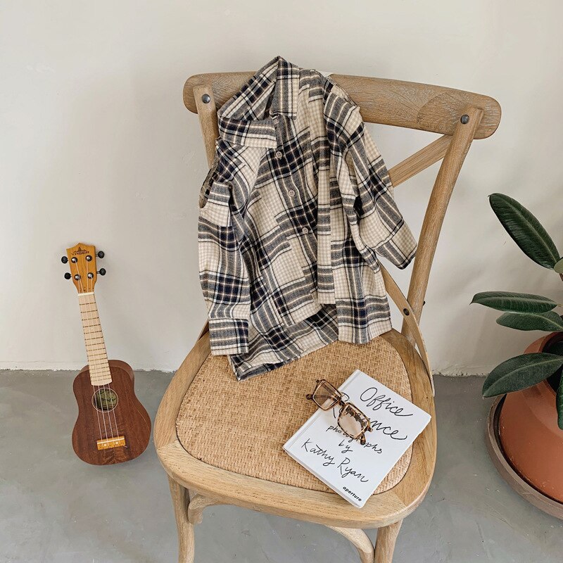 Spring Korean Style Baby Girls Plaid Long Shirts Loose casual Tops Off-shoulder Kids Clothes Children Blouses